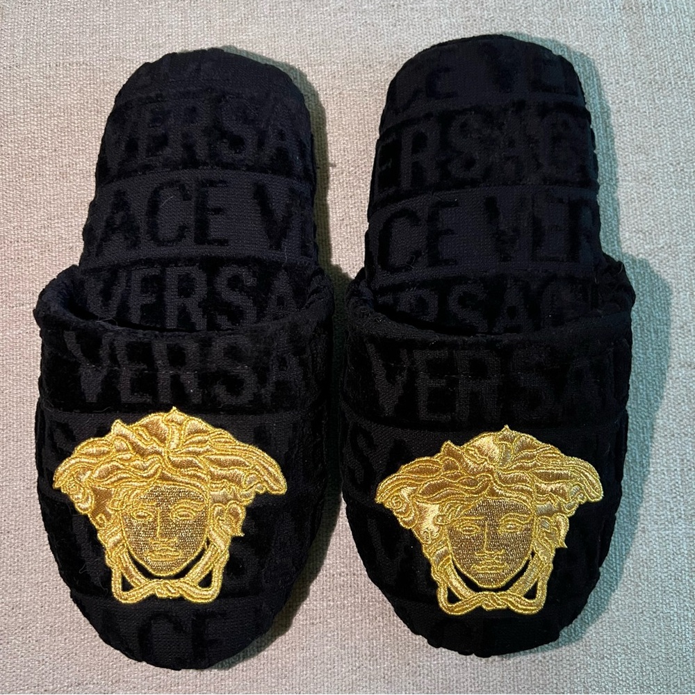 Versace Black Slippers with Gold Medusa